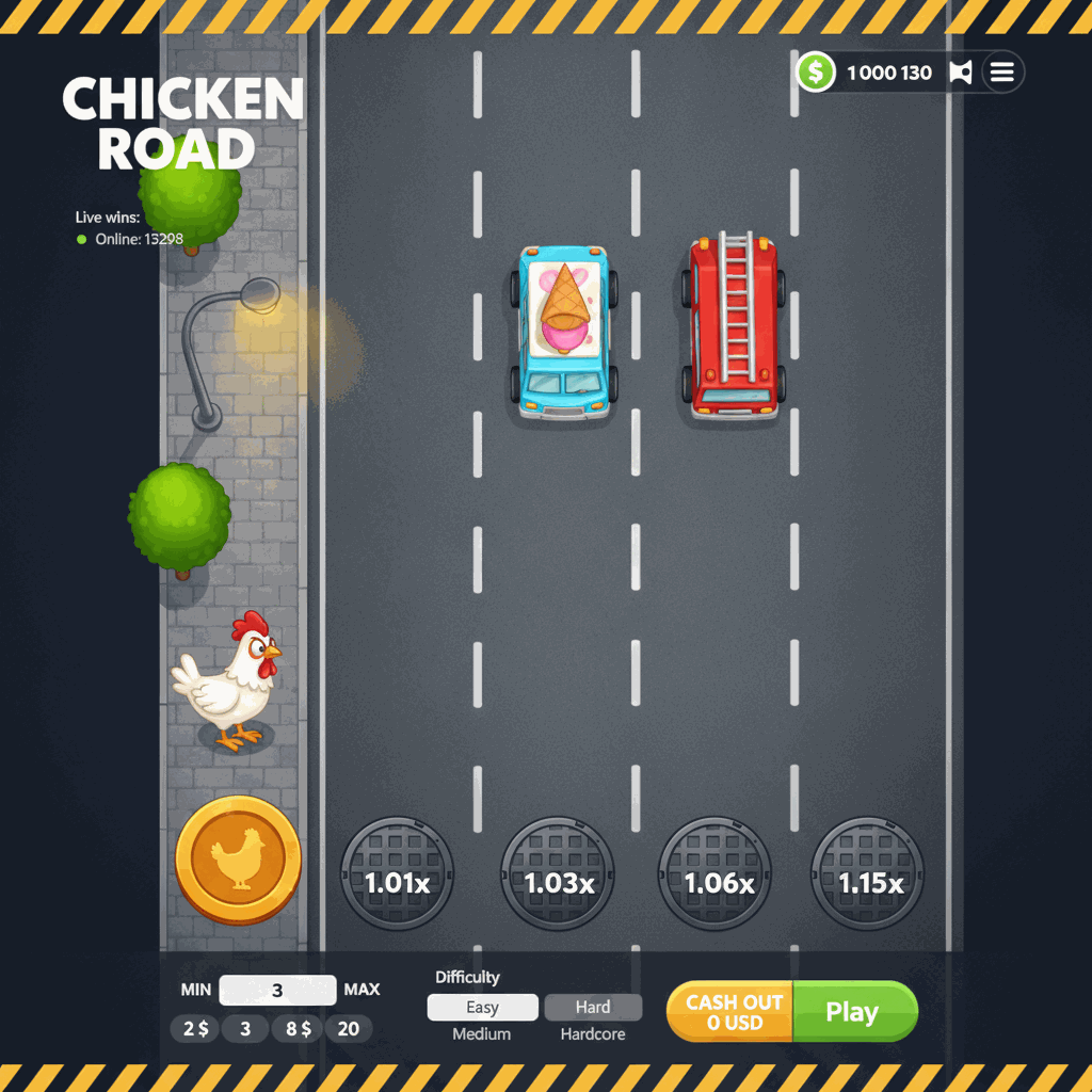 Schermata di gioco Chicken Road che mostra un pollo cartoon bianco che si prepara ad attraversare una strada a corsie multiple vista dall'alto con indicatori di moltiplicatore su tombini circolari, auto in movimento sulle corsie, e un'interfaccia di gioco con controlli di scommessa e pulsante di ritiro nella parte inferiore